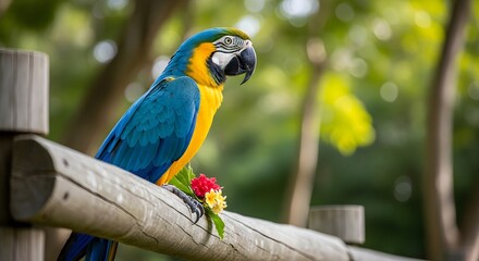 Obraz premium Blue and Yellow Macaw Perched Peacefully on a Wooden Fence with Tropical Flowers