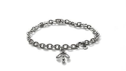 A silver chain bracelet with a heart-shaped charm hanging in the center, resting on a white surface
