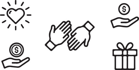 Set of five black and white line art icons clearly depicts concepts related to charity, donations, giving, and appreciation for fundraising campaigns.