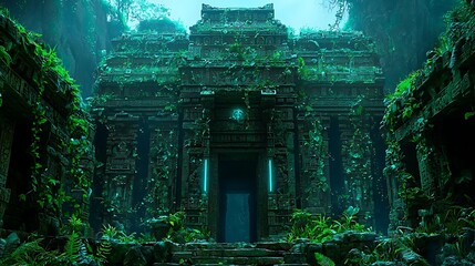 Ancient Overgrown Jungle Temple Entrance Lit by Ethereal Blue Glow