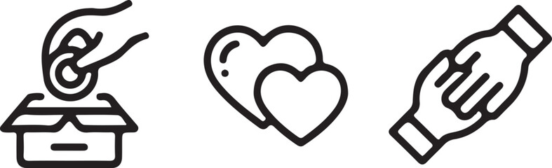 Set of simple line icons visually represents concepts of charity, cooperation, safety procedures, and organizational structure for presentations.