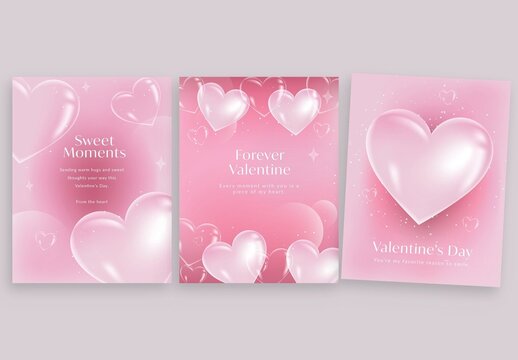Valentines Day Flyer Poster Template in Cute Candy Pink Hues with 3D Glass Love Heart Concept