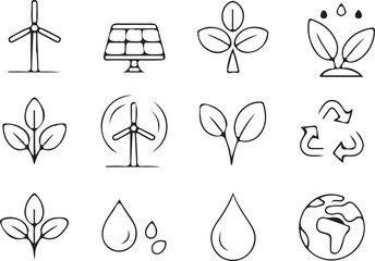 Assortment of twelve hand-drawn line icons illustrates ecological themes including wind power, solar panels, plant growth, water conservation, and global cycles.