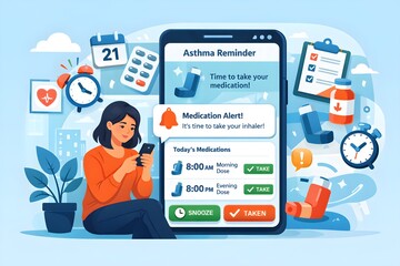 Asthma medication reminder app illustration, modern flat vector 