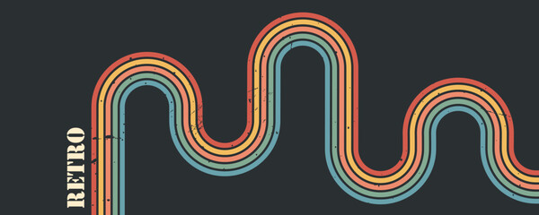 Stripe rainbow groovy. Artistic grunge background with flowing lines and colorful waves for vintage or modern wall design. Retro vector illustration.