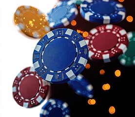 Colorful poker chips flying through the air over a dark background with golden bokeh lights, conveying excitement and high-energy motion