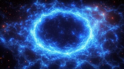 Obraz premium glowing electric blue ring nebula with luminous plasma arcs around a dark central void, scattered red stars and distant starfield evoking cosmic mystery and awe