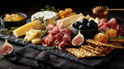 A dark slate board overflows with an elegant charcuterie selection cheeses, cured meats, olives, figs, honeycomb & crackers
