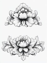 Two ornate black and white floral ornaments featuring symmetrical peony-like blossoms with flowing scroll leaves and delicate shading, elegant and refined