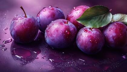 cluster of ripe purple plums with water droplets and green leaves on a glossy wet surface, vibrant juicy still life evoking freshness and indulgence