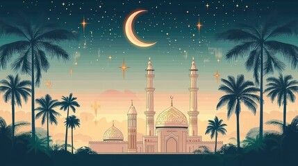 tranquil twilight scene of an ornate mosque with golden domes and tall minarets, crescent moon and sparkling stars above, framed by silhouetted palm trees