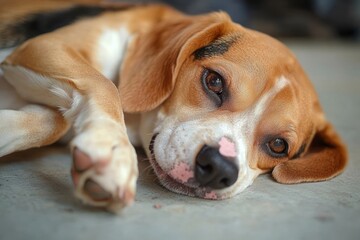 Close-up of a relaxed tan and white dog lying on a concrete floor showing curled hind leg and soft paw pads, peaceful and sleepy mood