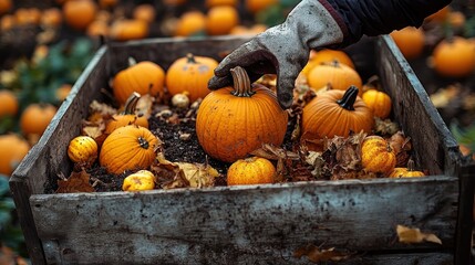 gloved hand selecting a small orange pumpkin from a rustic wooden crate filled with pumpkins, gourds, soil and dry leaves in a cozy autumn harvest moment