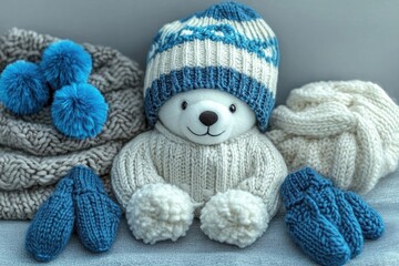 Smiling plush bear in a blue and white knitted hat and cream sweater surrounded by blue knitted mittens, chunky cream and gray scarves with bright pom-poms, cozy and warm