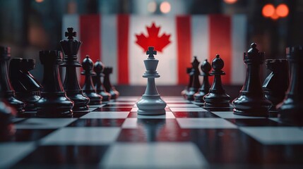 White king chess piece centered on a checkered chessboard surrounded by opposing black pieces with a blurred Canadian flag backdrop, dramatic tense strategic mood