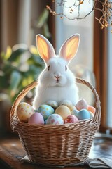 fluffy white rabbit sitting in a wicker basket filled with pastel decorated eggs by a sunlit window, cozy and curious expression