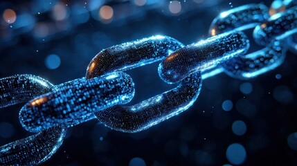 Glowing blue digital chain links formed from tiny data particles in close-up, futuristic and secure connection conveying strength and technological unity