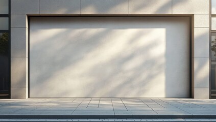 Empty modern storefront facade with recessed blank wall, sidewalk and soft tree shadows conveying calm minimalism