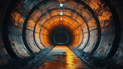 Dimly lit circular concrete tunnel corridor with wet reflective floor, warm orange overhead lights and gritty walls leading into a dark vanishing point, evoking an eerie moody atmosphere