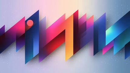 vibrant abstract composition of layered diagonal geometric ribbons with glowing gradients, a red circular sun, speckled starry background and dynamic futuristic energy