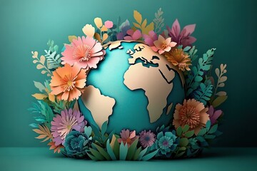 Paper-cut turquoise globe with beige continents cradled by colorful paper flowers, leaves and foliage on a teal background, evoking nurturing harmony and hopeful peace