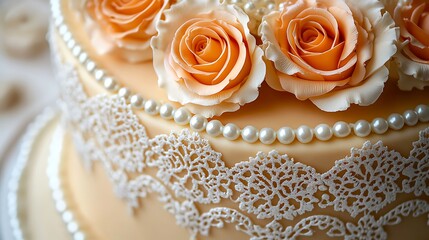 Elegant wedding cake decorated with delicate peach roses, edible pearls, and intricate white lace detailing for a luxurious celebration.