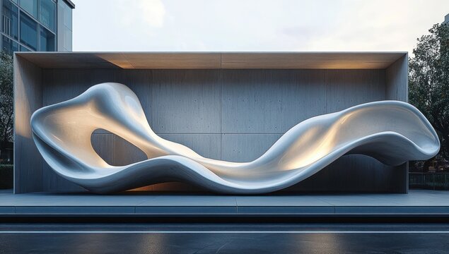 large smooth metallic abstract sculpture with flowing wave forms in a concrete alcove lit by warm ambient light beside urban buildings and trees conveying calm futuristic serenity - Powered by Adobe