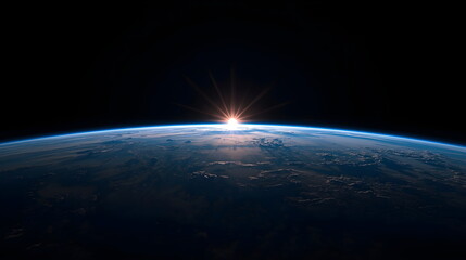 Cinematic view of planet earth horizon and atmosphere from space with sunrise