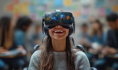 student wearing over-ear headphones and cozy sweater seated in a classroom with colorful sticky notes on the wall and peers, appearing calm and focused