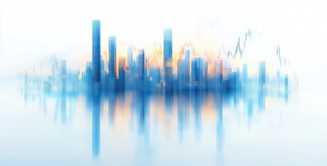 abstract futuristic city skyline of blue skyscrapers reflected on calm water with overlaid financial line and candlestick charts, evoking serene optimism and dynamic growth