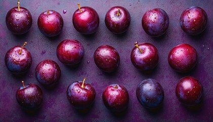 multiple fresh wet purple plums arranged in a neat grid on a deep purple surface, dewy and glossy, vibrant and inviting