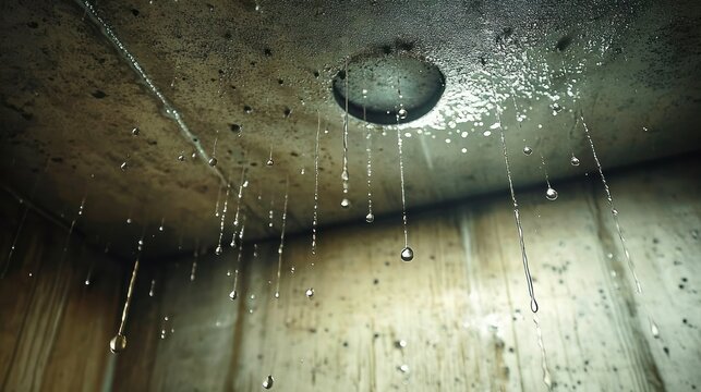 wet stained concrete ceiling with recessed light and hanging water droplets, dripping streams down moldy walls, eerie damp and melancholic atmosphere