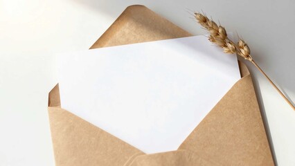 Minimal white paper card and envelope on table flatlay