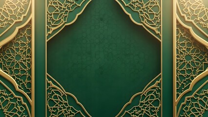 Luxury Emerald Green and Gold Islamic Geometric Background for Eid Al-Fitr or Ramadan Celebration, Minimal Festive Template with Copy Space