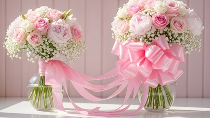 Obraz premium Beautiful pink and white rose bouquets with ribbons in vases