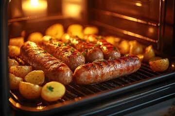 Mouthwatering grilled sausages and roasted baby potatoes sizzling on an oven rack in warm golden light, a cozy savory comfort food scene