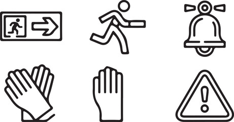 Safety & Emergency Icons Set &ndash; Exit, Warning, Alarm, Gloves Line Vector.