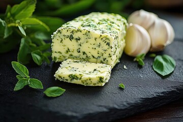 Block of herb butter studded with chopped green herbs on a dark slate board with a sliced pat, garlic cloves and fresh basil leaves, inviting rustic savory mood
