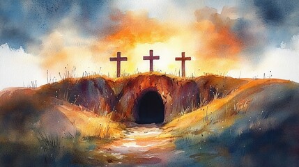 three crosses on a grassy hill above an empty tomb at sunrise, glowing sky conveying solemn hope and reverence