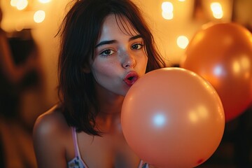 young woman in a strappy top holding peach balloons amid warm string lights, cozy celebratory and dreamy mood