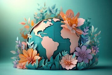 Paper-cut globe with pastel continents surrounded by blooming paper flowers and leaves, a serene nurturing scene conveying hope for the planet