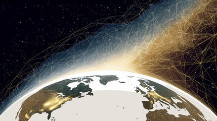 Global Network: A breathtaking visual representation of our interconnected world, depicting the intricate web of global connections that bind us together through abstract forms.