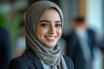 Professional woman wearing a patterned headscarf and navy blazer standing confidently in a busy modern office or conference setting