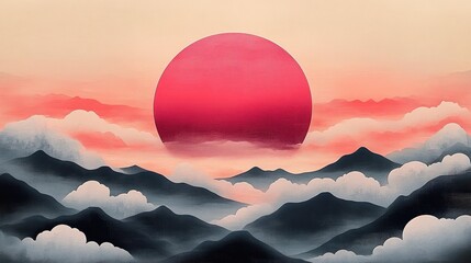 Massive red sun behind layered misty mountains and rolling clouds in a pastel pink sky, creating a serene and dreamlike atmosphere
