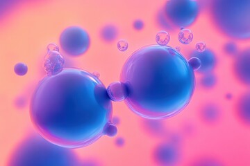 Two large glossy blue-purple translucent spheres connected by smaller droplets, floating among scattered bubbles over a soft neon pink gradient, evoking dreamy futuristic wonder