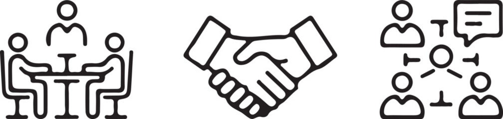 Teamwork & Business Collaboration Icons Set &ndash; Partnership, Team Meeting, Communication Line Icons.