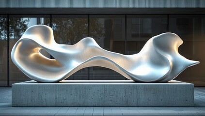 Smooth metallic abstract wave sculpture on concrete plinth in front of modern glass building, flowing curving forms with serene futuristic mood