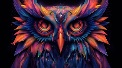 vibrant neon owl portrait with glowing intense eyes, ornate jewel on forehead, layered iridescent feathers and cosmic accents conveying mystery and majestic intensity