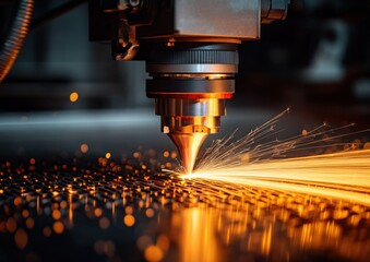 Close-up of a laser cutting nozzle slicing a perforated sheet metal panel with bright orange sparks and glowing reflections, conveying intense precision and energetic industrial action
