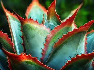 Close-up of blue-green succulent rosette with serrated red-orange leaf edges and sharp spines, striking vibrant texture and dramatic contrast